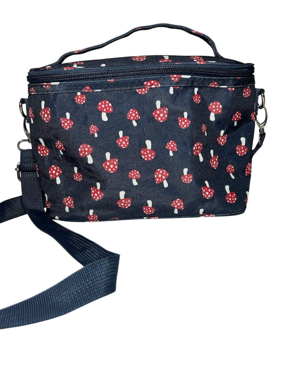 Navy Mushroom Print Insulated Crossbody Lunch Bag  Casual Women's Shoulder Bag